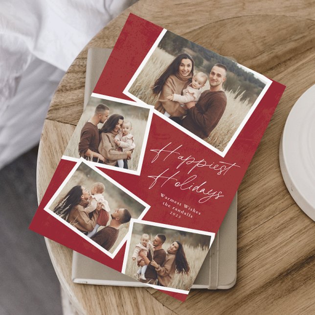 Modern Script 4 Foto Collage Gladast Julkort (Modern script 4 photo collage happiest holidays card in red.)