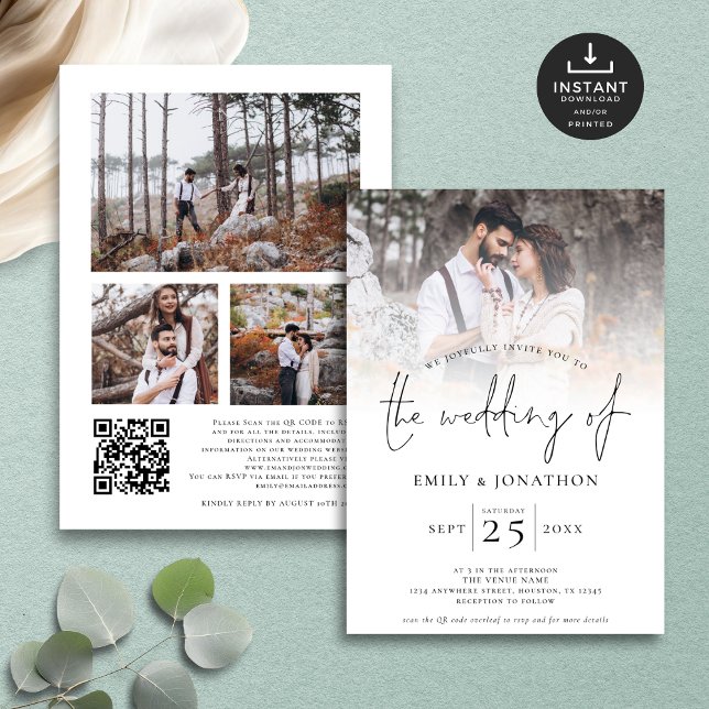 Modern Script 4-fotoöverlägg QR-kod Bröllop Inbjudningar (Front and back view)