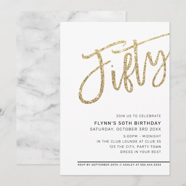 MODERN SCRIPT 50-årsdag femtio guldblixtrar Inbjudningar (Fram/baksida)