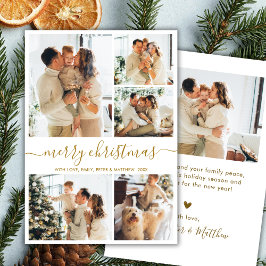 Modern Script 5 Photo Collage Gold White Christmas Julkort