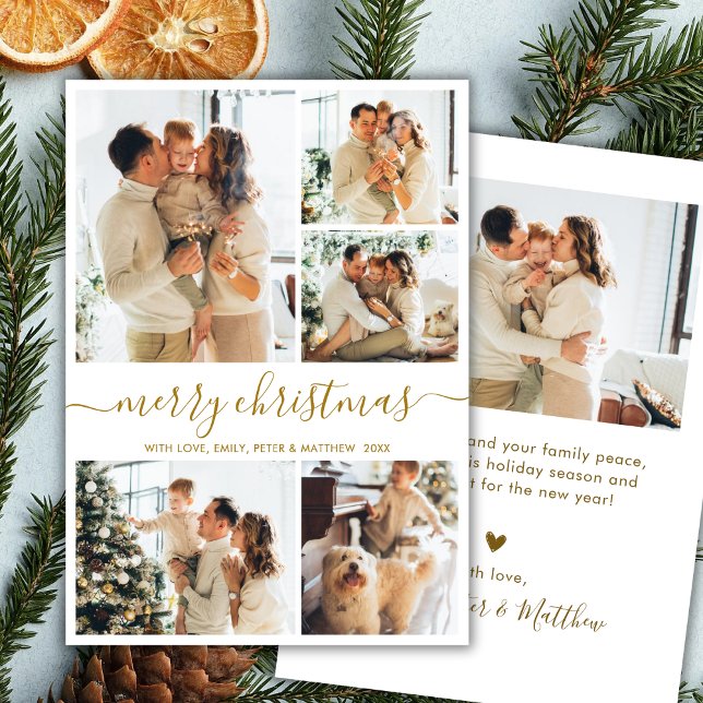 Modern Script 5 Photo Collage Gold White Christmas Julkort (Skapare uppladdad)