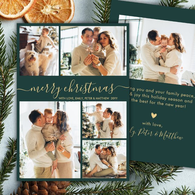Modern Script 5 Photo Collage Green Christmas Julkort (Skapare uppladdad)