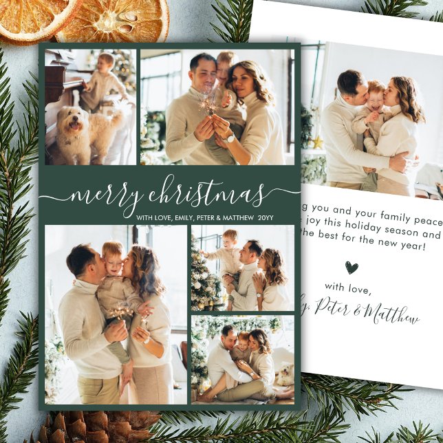 Modern Script 5 Photo Collage Green Christmas Julkort (Skapare uppladdad)