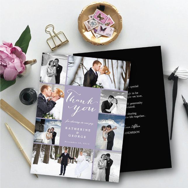Modern Script 8 Multi Photo Snyggt Lila Bröllop Tack Kort (Modern Classy Script 8 Multi Photo Collage Stylish Wedding Thank You Card @ fatfatin_blue_knot)