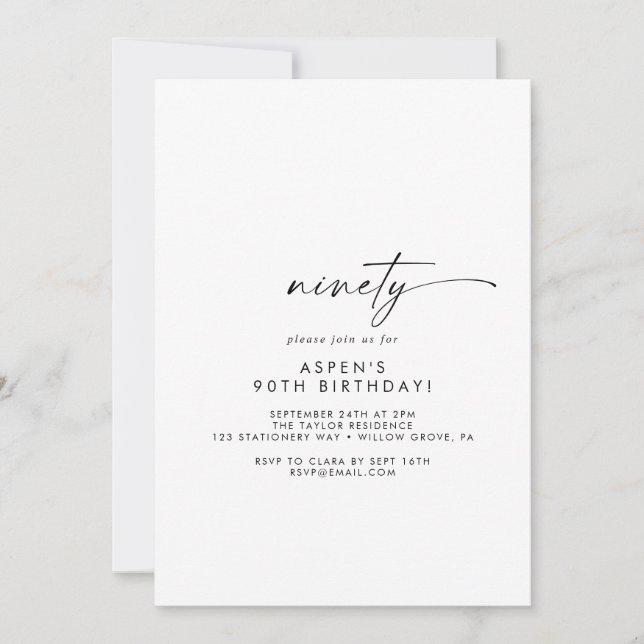 Modern Script 90th Birthday Party Invitation Inbjudningar (Framsida)
