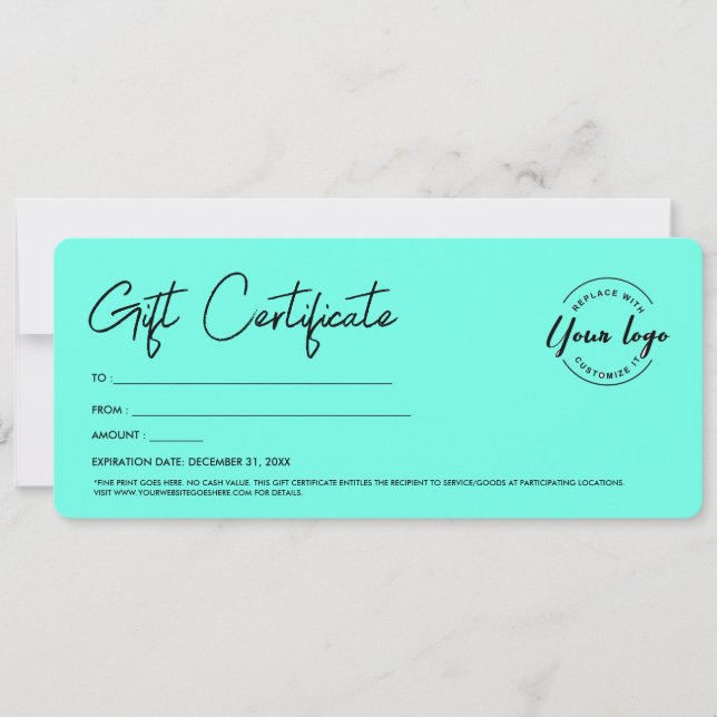 Modern Script Anpassad Logotyp Presentkort teal Inbjudningar (Framsida)