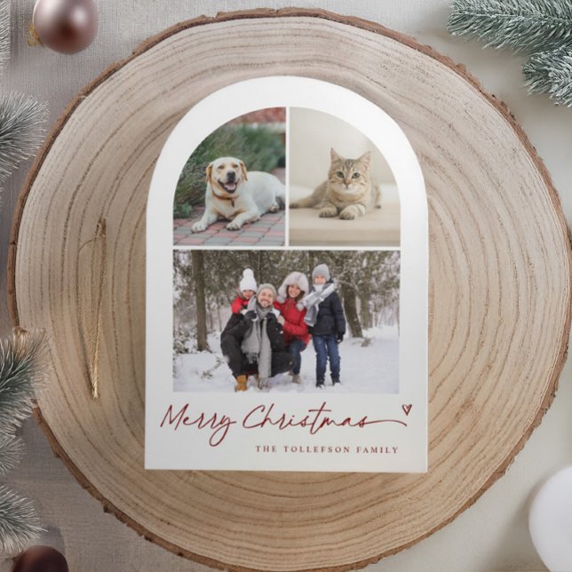 Modern Script Arch Family Photo Christmas Julkort (Modern arch Christmas card with red and white photo collage, minimalist script, and small heart.)