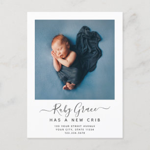 Modern Script Baby Photo New Crib Flytta Meddelande Vykort