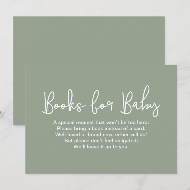 Modern Script Baby shower Bok Begäran Sage Grön Tilläggskort (Fram/baksida)
