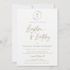 Modern Script Baptism and 1st Birthday Green Gold  Inbjudningar