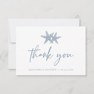 Modern Script Beach Starfish Dusty Blue Bröllop Tack Kort