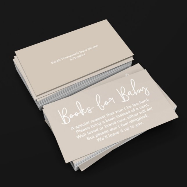 Modern Script Beige Baby shower Bokförfrågan Tilläggskort (Gender neutral beige books for baby request insert card )