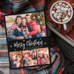 Modern Script Black 4 Photo Collage jul Vykort<br><div class="desc">Budget, Elegant, Modern, Snowflake 4 Photo Collage God jul Script Black Helgdag-vykort. Den här festiva, imimalistiska, vimistiska 4 (4) fotokortsmallen innehåller en söt fotokollage, en snöflake och säger God jul! Texten "God jul" hälsning är skriven med ett vackert, vitt, färg-handskrivet typsnitt på svart bakgrund. Söt hälsning vykort till din familj...</div>