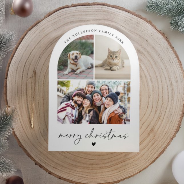 Modern Script Black and White Arch Christmas Julkort (Modern arch Christmas card with black and white photo, minimalist script, and heart accent.)