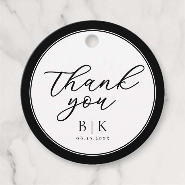 Modern Script Black and White Gräns Bröllop Gåvor Etiketter (Framsida)