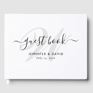 Modern Script Black and White Monogram Bröllop Gästböcker