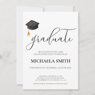 Modern Script Black Cap College Graduation Party Inbjudningar