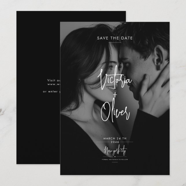 Modern Script Black Editorial Photo Save the Date Spara Datumet (Fram/baksida)