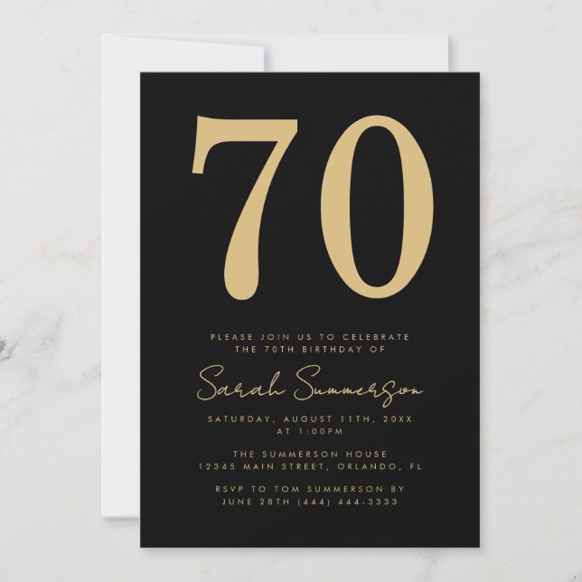 Modern Script Black Gold Seventy 70th Birthday Inbjudningar (Framsida)