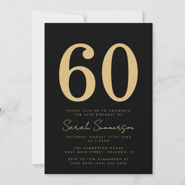 Modern Script Black Gold Sixty 60th Birthday Party Inbjudningar (Framsida)
