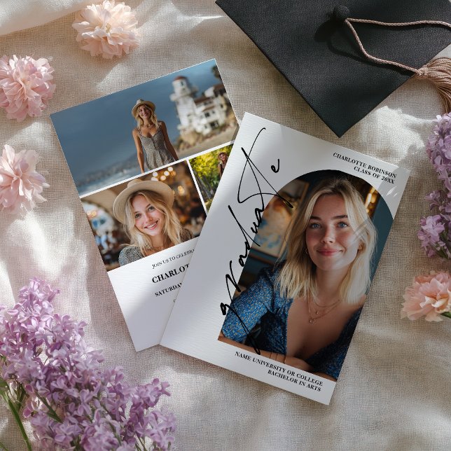  Modern Script black graduate photo graduation Inbjudningar (Modern Script black graduate photo graduation Invitation)