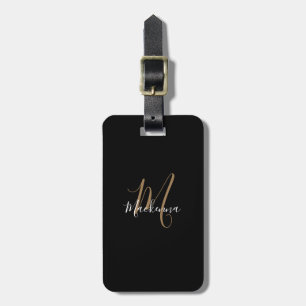 Modern Script Black Guld Monogram Namn Snyggt Bagagebricka