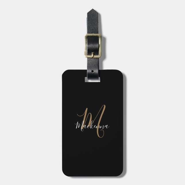 Modern Script Black Guld Monogram Namn Snyggt Bagagebricka (Vertikal Framsida)