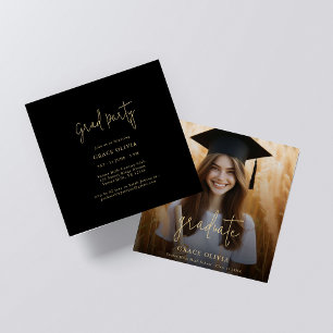 Modern Script Black & Guld Photo Studentfest Inbjudningar