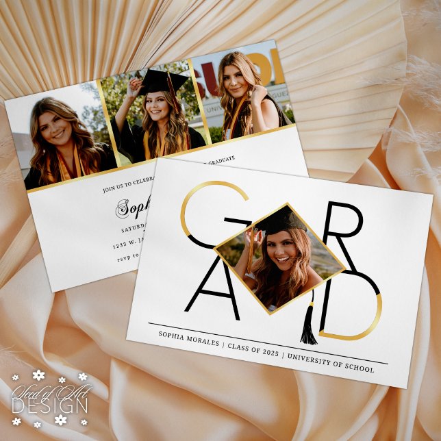 Modern Script Black Guld Tassel Grad Photo Collage Inbjudningar (Skapare uppladdad)
