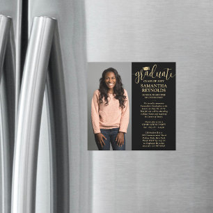 Modern Script Black och Guld 1 Photo Studenten Magnetisk Inbjudningskort