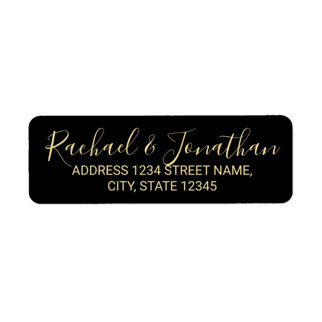 Modern Script Black och Guld Bröllop Returadress Etikett (Framsidan)