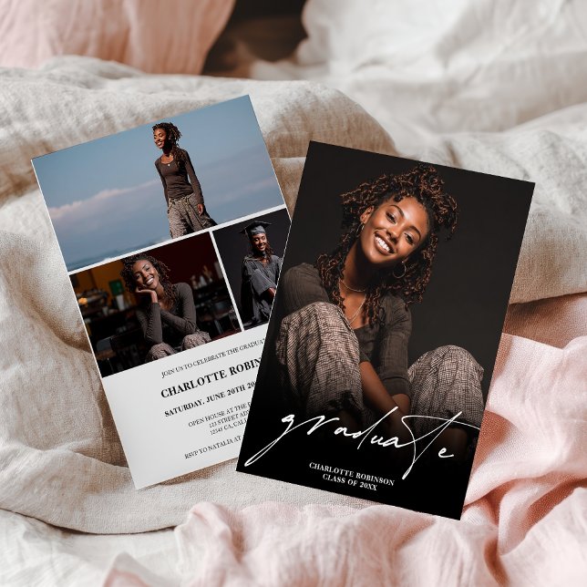 Modern Script Black White 4 Photo Graduation Inbjudningar (Modern Script Black White 4 Photo Graduation Invitation)