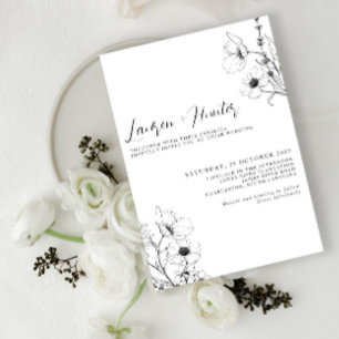 Modern Script Black White Blommigt Bröllop Inbjudningar