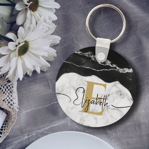Modern Script Black White Marble Guld Monogrammed Nyckelring