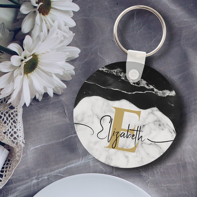 Modern Script Black White Marble Guld Monogrammed Nyckelring (Skapare uppladdad)
