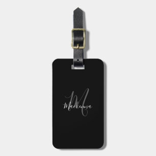 Modern Script Black White Monogram Namn Snyggt Lu Bagagebricka