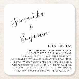 Modern Script Black & White Roligt Facts Bröllop Underlägg Papper Kvadrat