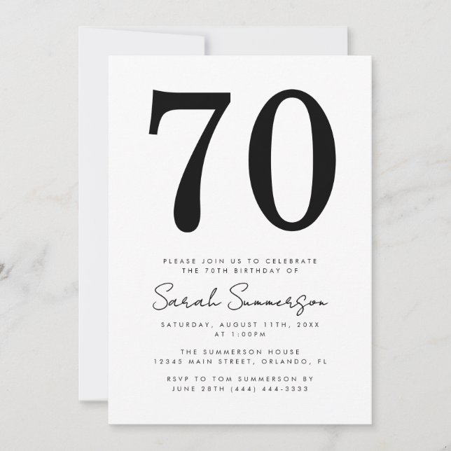 Modern Script Black White Seventy 70th Birthday Inbjudningar (Framsida)