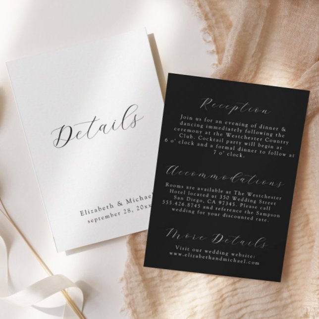 Modern Script Black & White Wedding Details Card Inbjudningar (Skapare uppladdad)