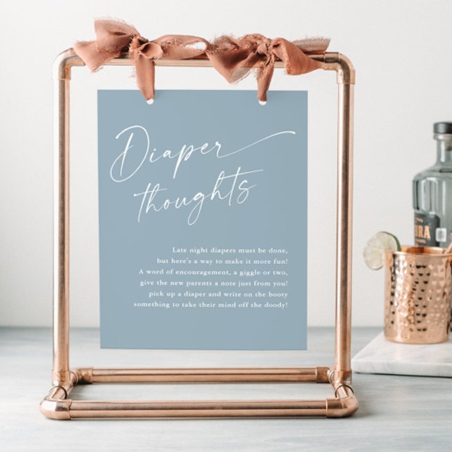Modern Script Blöjtankar Blå Bebis Shower Poster (Modern script busty blue diaper thoughts boy baby shower sign.)