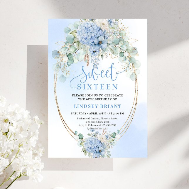 Modern Script Blue Hydrangeas Sweet Sixteen Invite Inbjudningar (Modern Script Blue Hydrangeas Sweet Sixteen Invitation)