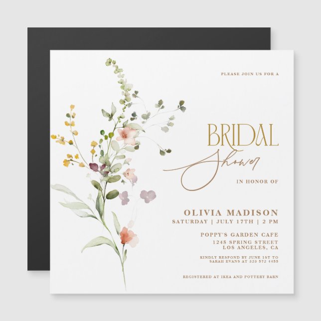 Modern Script Boho Blomsterträdgård Bröllopsdusch Magnetisk Inbjudningskort (Fram/baksida)