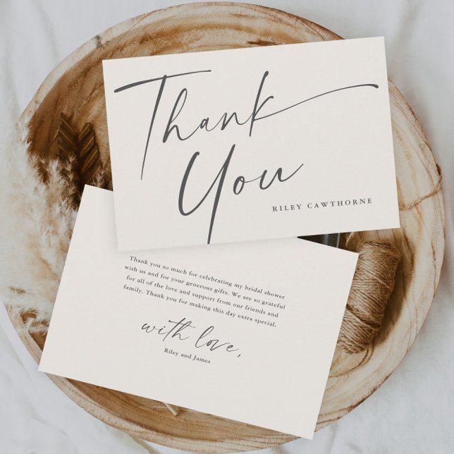 Modern Script Boho Bröllopsdusch Tack Kort (Elegant neutral boho bridal shower thank you cards.)