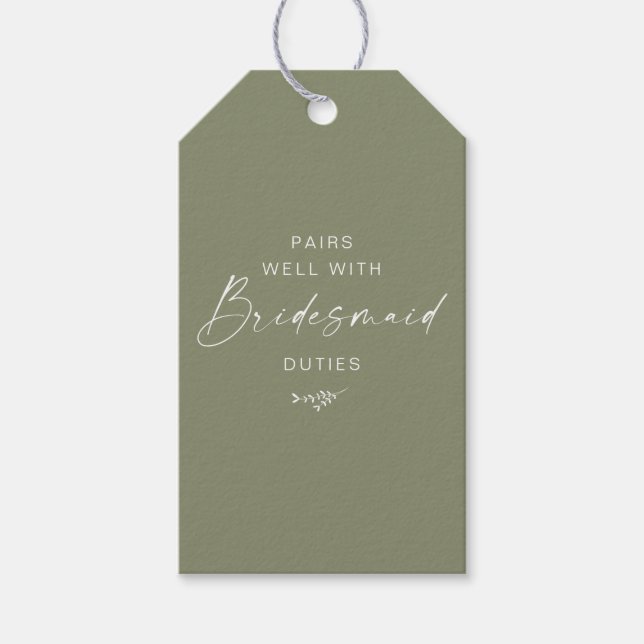 Modern Script Bridesmaid Frieri Sage Presentetikett (Framsidan)