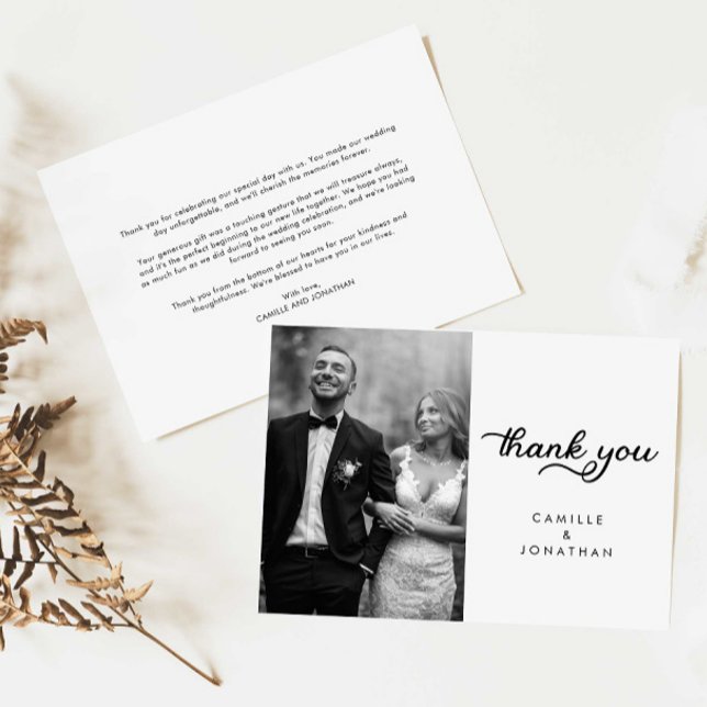 Modern Script Bröllop Photo - tackkort Tack Kort (Modern Elegant Wedding Photo thank you card)