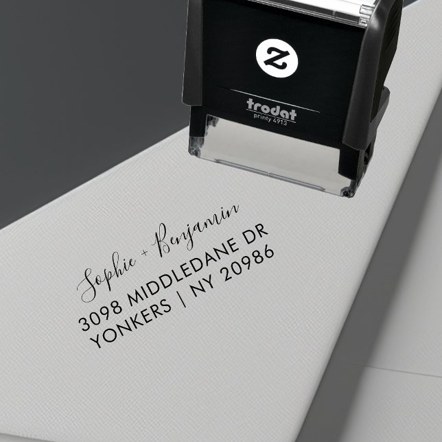 Modern Script Bröllop Returadress Självfärgande Stämpel (Elegant Script Names Return Address Self Inking Rubber Stamp)