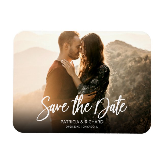 Modern Script Bröllop Spara Datum Foto Magnet (Horisontell)