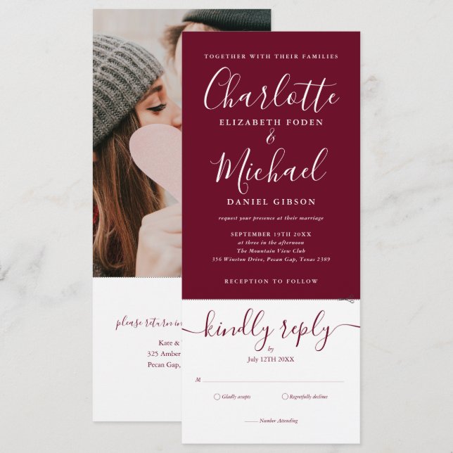 Modern Script Burgundy All In One Foto Bröllop  Inbjudningar (Fram/baksida)