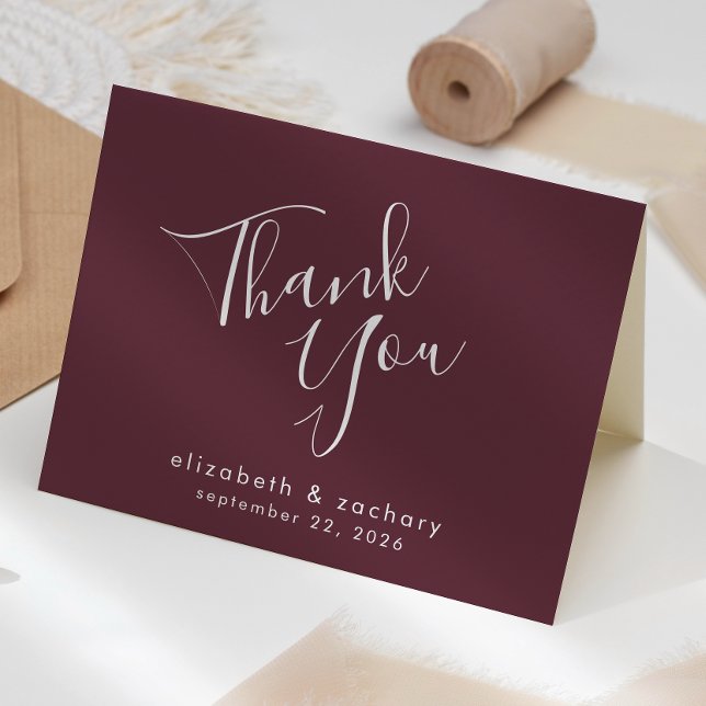 Modern Script Burgundy Bröllop Tack Kort (Skapare uppladdad)