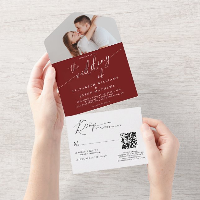 Modern Script Burgundy Red Photo QR-kod Bröllop (Avrivbar del)